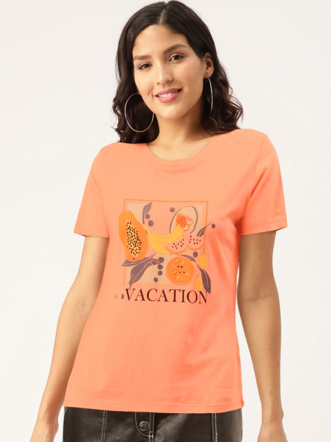 Madame Women Coral Orange Fruit Print Round Neck T-shirt