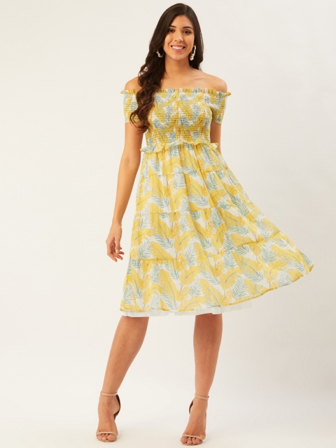 Madame Women Yellow & White Tropical Printed Off-Shoulder A-Line Dress With Smocked Detail
Madame Women Yellow & White Tropical Printed Off-Shoulder A-Line Dress With Smocked Detail