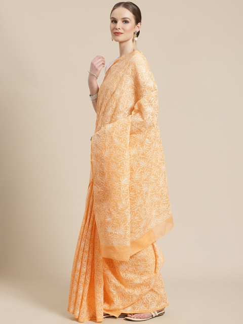 ADA Mustard Yellow & White Chikankari Embroidered Saree