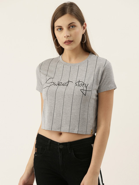Campus Sutra Women Grey Melange Printed Round Neck Crop T-shirt with Striped Detail
Campus Sutra Women Grey Melange Printed Round Neck Crop T-shirt with Striped Detail