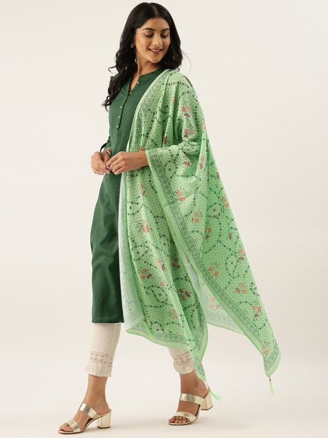 LADUSAA Green & Pink Printed Dupatta
