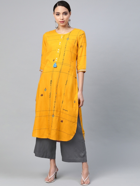 Anubhutee Women Mustard Yellow & Charcoal Grey Geometric Print Kurta with Solid Palazzos
Anubhutee Women Mustard Yellow & Charcoal Grey Geometric Print Kurta with Solid Palazzos