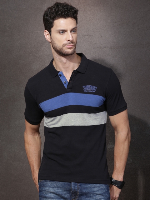 Roadster Men Black Striped Polo T-shirt