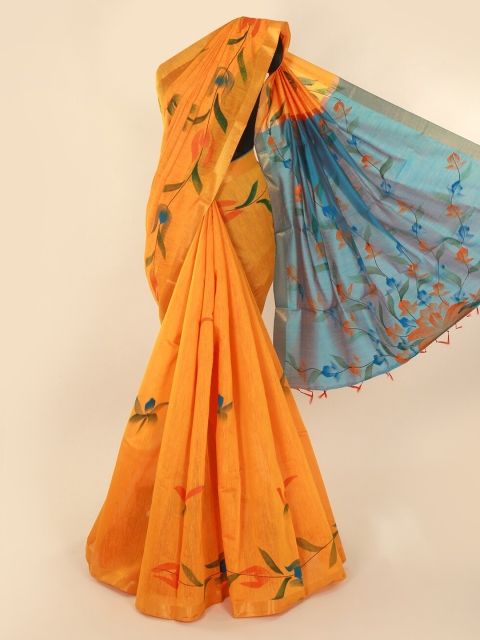 Pothys Yellow & Blue Silk Cotton Colourblocked Saree