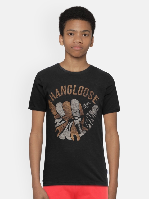 Jack & Jones Boys Black Printed Pure Cotton Round Neck T-shirt