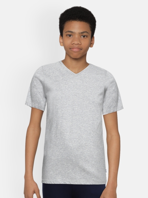 Jack & Jones Boys Grey Melange Solid Pure Cotton V-Neck T-shirt