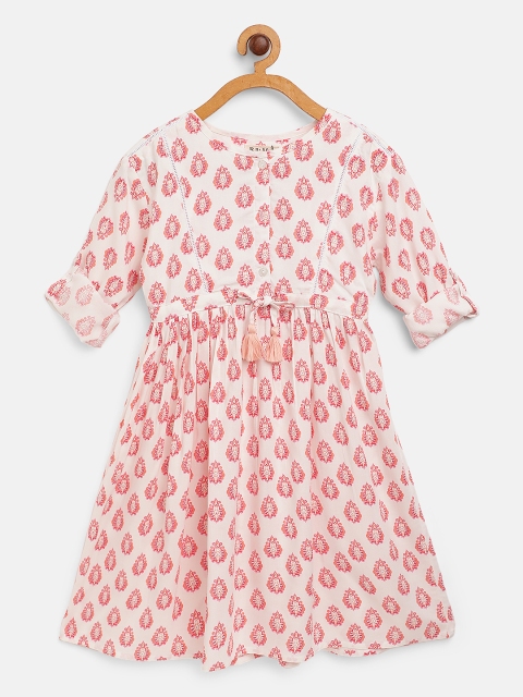 Bella Moda Girls White & Peach-Coloured Printed Fit & Flare Dress