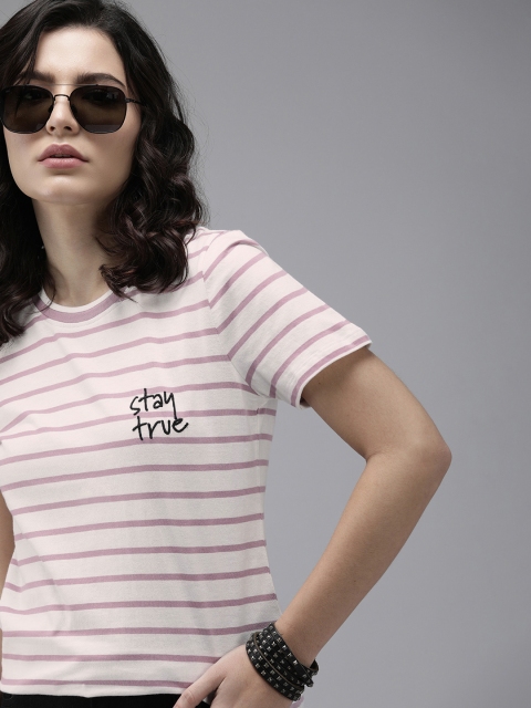 The Roadster Lifestyle Co Women White Lavender Striped Pure Cotton T-shirt with Embroidery Detail
The Roadster Lifestyle Co Women White Lavender Striped Pure Cotton T-shirt with Embroidery Detail