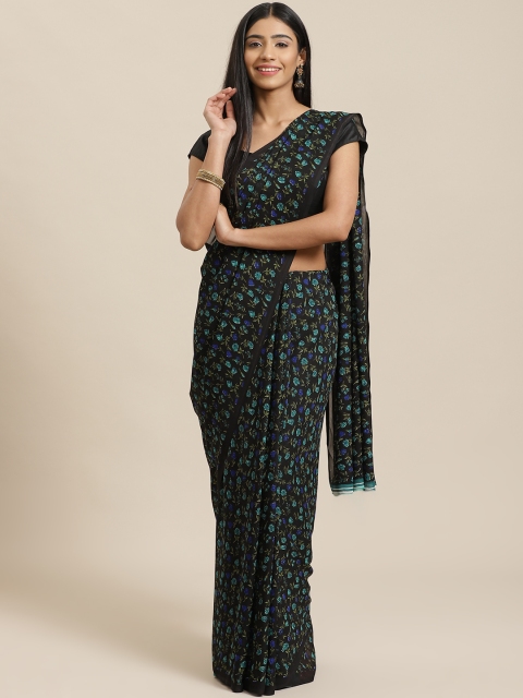 KALINI Black & Green Floral Printed Saree