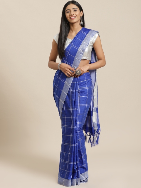 KALINI Blue & Silver Checked Saree