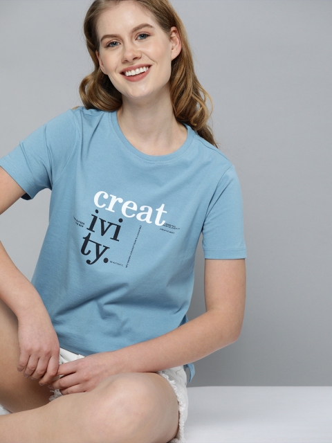 Mast & Harbour Women Blue Printed Round Neck T-shirt
