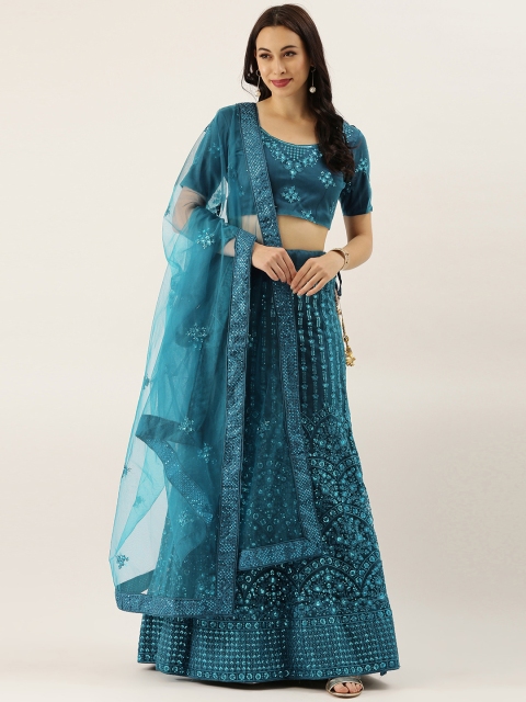LADUSAA Teal Blue Embroidered Unstitched Lehenga & Blouse with Dupatta