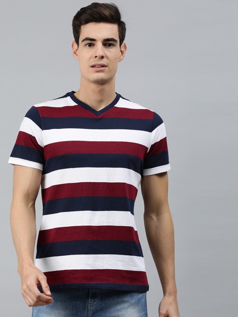 MARCA Disati Men Maroon & White Striped V-Neck T-shirt