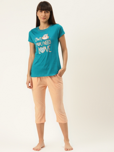 Sweet Dreams Women Blue & Peach-Coloured Printed Night suit