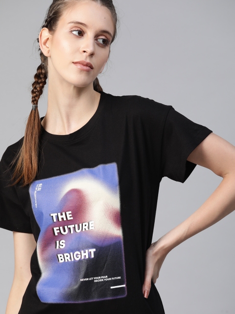 The Roadster Lifestyle Co Women Black Blue Typography Printed Pure Cotton T-shirt
