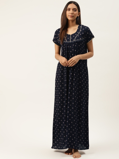 Sweet Dreams Women Navy Blue & Beige Printed Nightdress