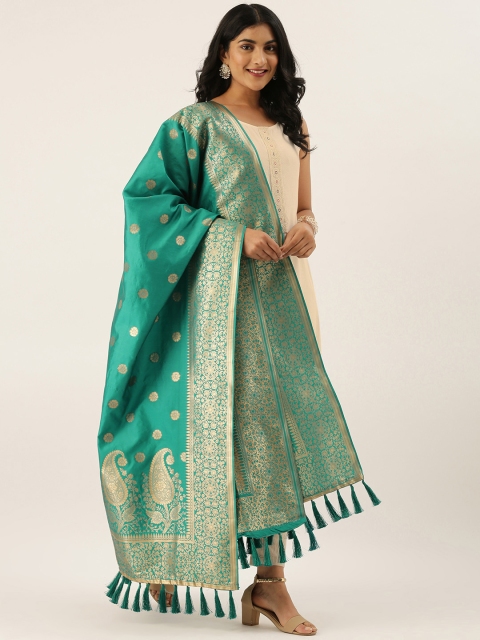 VASTRANAND Teal Green & Golden Woven Design Dupatta