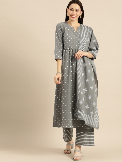 Varanga Women Grey & White Printed Kurta with Palazzos & Dupatta