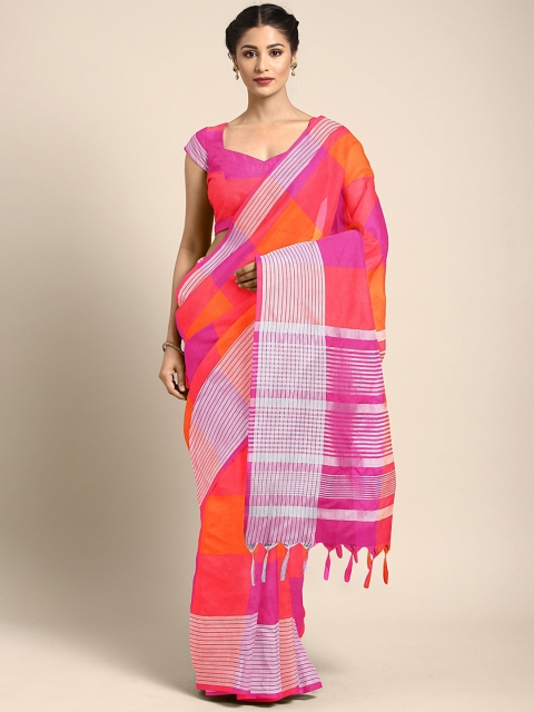 Mitera Orange & Pink Checked Saree