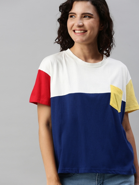 HERENOW Women Blue White Colourblocked Drop-Shoulder Sleeves Pure Cotton T-shirt with Pocket
HERENOW Women Blue White Colourblocked Drop-Shoulder Sleeves Pure Cotton T-shirt with Pocket