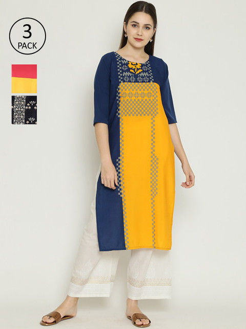 7Threads Women Pack Of 3 Printed Straight Kurtas, Yellow
7Threads Women Pack Of 3 Printed Straight Kurtas, Yellow