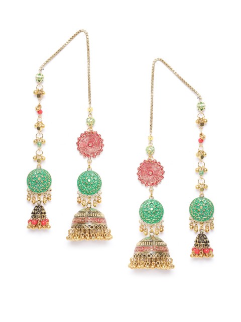 DIVA WALK Gold-Toned & Green Beaded Handcrafted Enamelled Jhumkas with Attached Ear Chains
DIVA WALK Gold-Toned & Green Beaded Handcrafted Enamelled Jhumkas with Attached Ear Chains