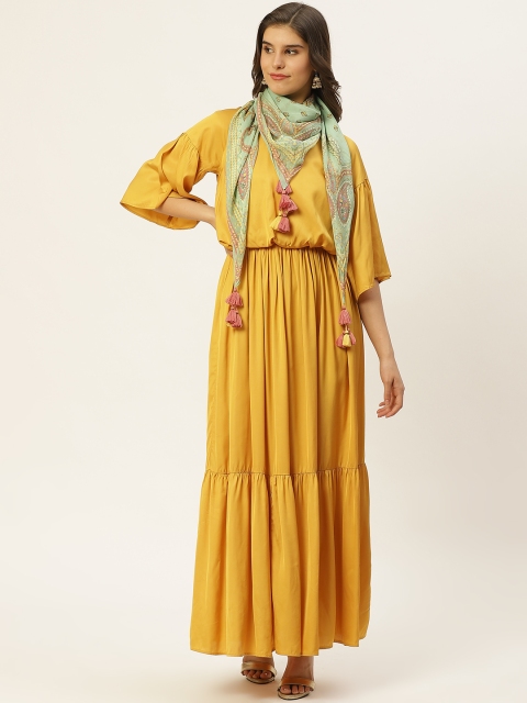 Ritu Kumar Women Mustard Yellow Solid Maxi Dress With Scarf