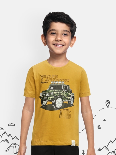 Indian Terrain Boys Mustard Yellow Printed Round Neck Pure Cotton T-shirt