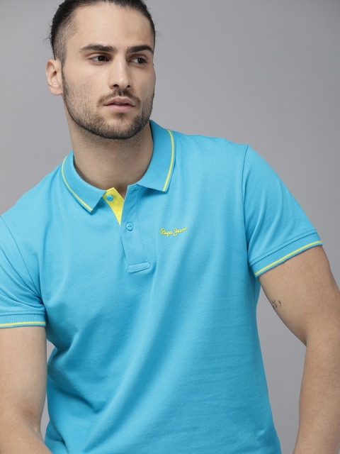 Pepe Jeans Men Blue Printed Maxton SS Polo Collar Pure Cotton T-shirt