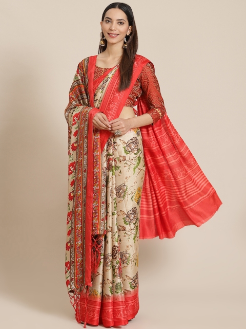Shangrila Creation Beige & Red Floral Printed Saree With Shawl