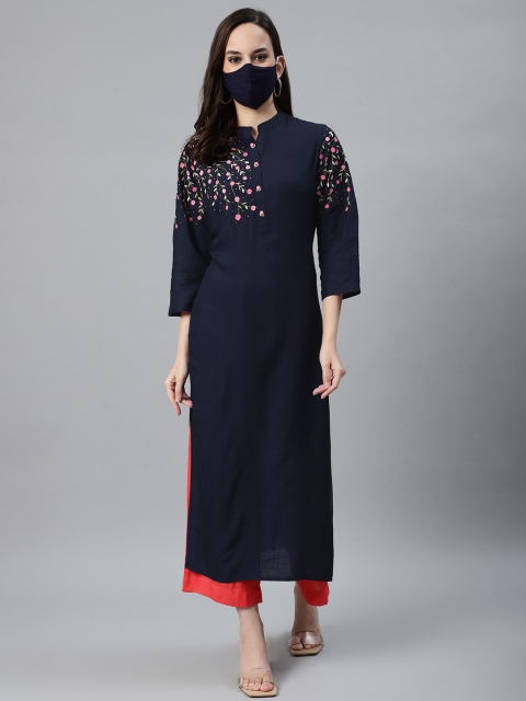 Anubhutee Women Navy Blue Coral Pink Self-Striped Kurta with Palazzos