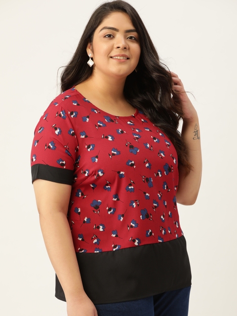 Sztori Maroon Plus Size Floral Regular Top