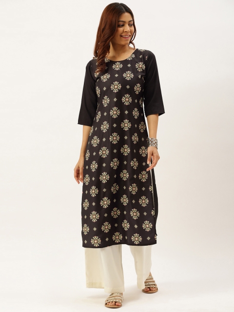 7threads Women Black & Green Printed Kurta