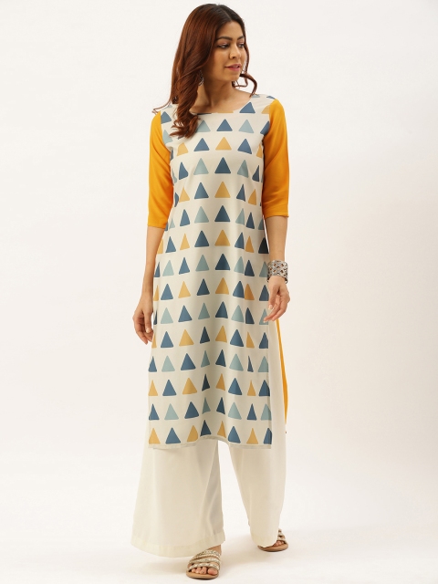 7threads Women White & Mustard Printed Kurta
