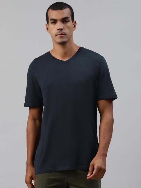 Marks & Spencer Men Navy Blue Pure Cotton Solid V-Neck T-shirt