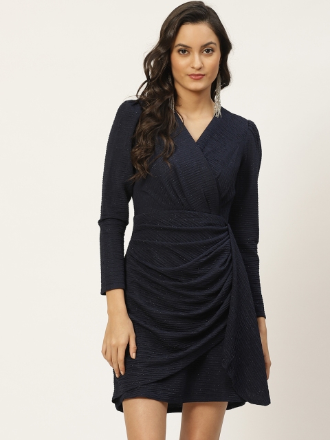 WoowZerz Women Navy Blue Self Design Belted Shimmer Wrap Dress