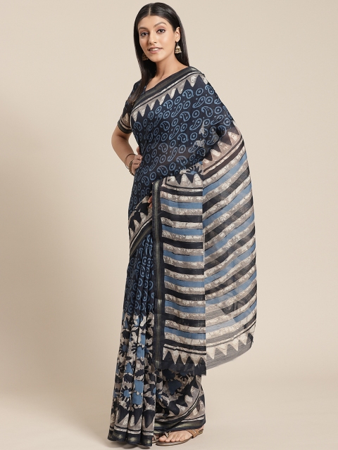 Shangrila Creation Navy Blue & White Handloom Batik Printed Saree