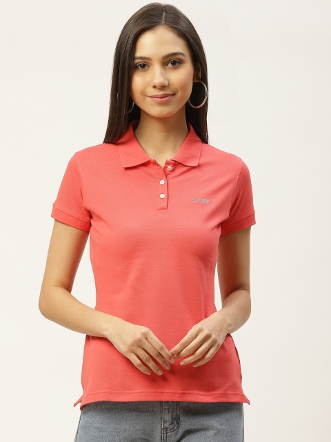 Oner Women Coral Pink Solid Polo Collar T-shirt