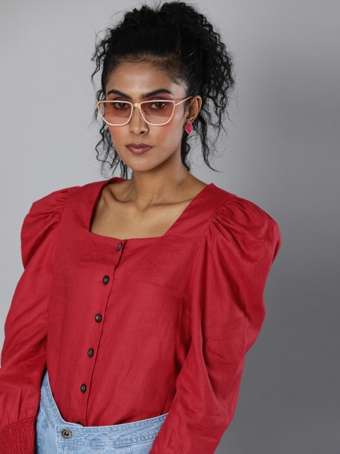 Scoup Women Red Solid Power Shoulder Linen Regular Top