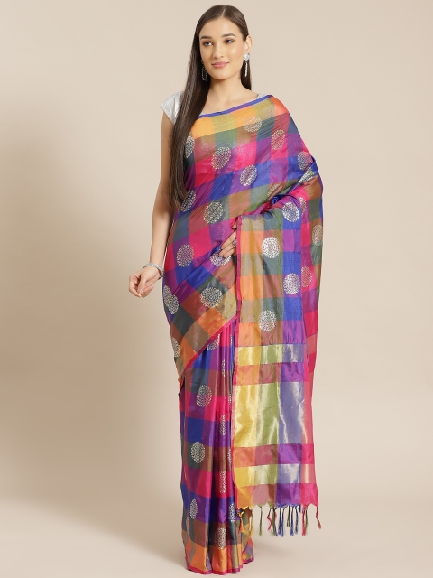 KALINI Blue & Pink Checked Saree