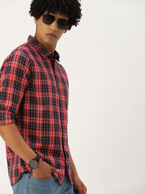 SINGLE Men Navy Blue & Pink Slim Fit Checked Casual Shirt