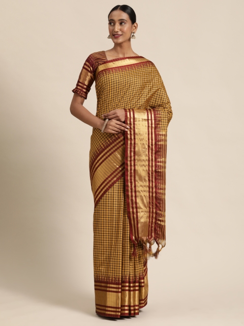 Mitera Yellow & Brown Silk Blend Checked Kanjeevaram Saree