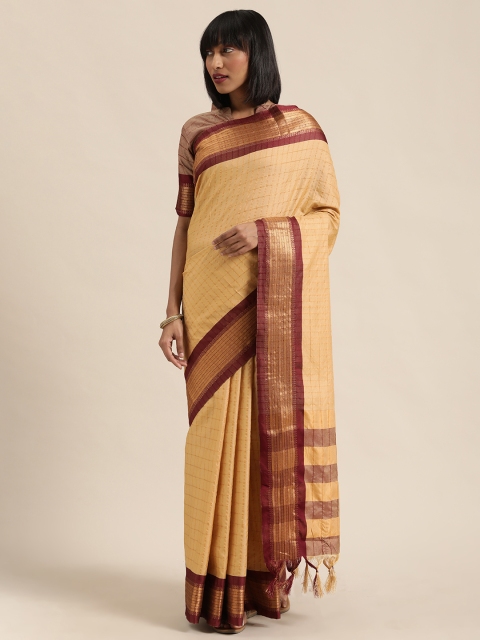 Mitera Beige & Maroon Checked Kanjeevaram Saree