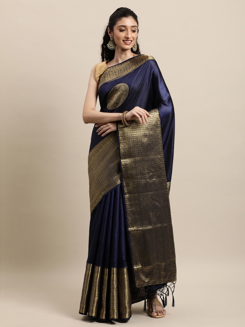 Mitera Navy Blue & Gold-Toned Ethnic Motifs Zari Silk Blend Banarasi Saree