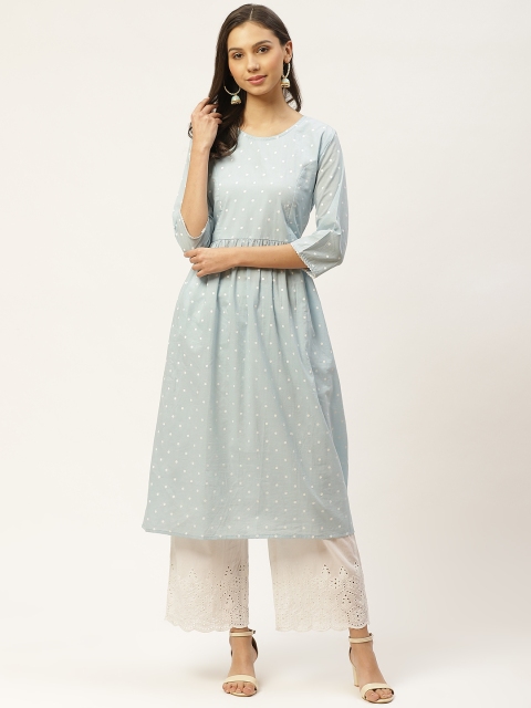 Maaesa Women Blue & White Polka Dot Hand Printed A-Line Pleated Cotton Kurta with Palazzos
Maaesa Women Blue & White Polka Dot Hand Printed A-Line Pleated Cotton Kurta with Palazzos