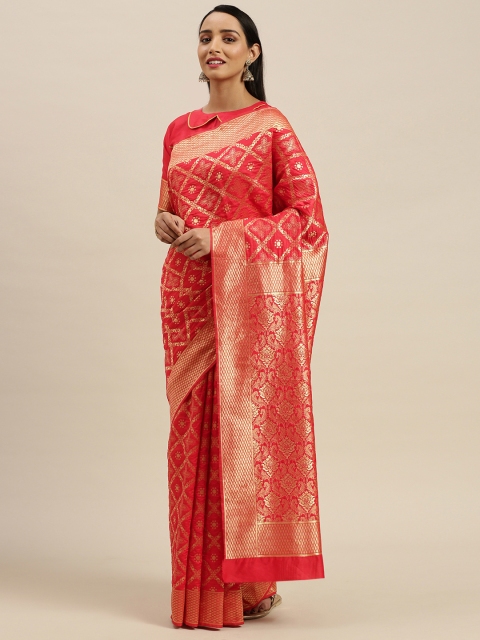 Mitera Red Silk Blend Woven Design Banarasi Saree