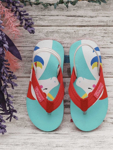 DChica Girls Turquoise Blue & Red Unicorn Printed Thong Flip-Flops with Backstrap