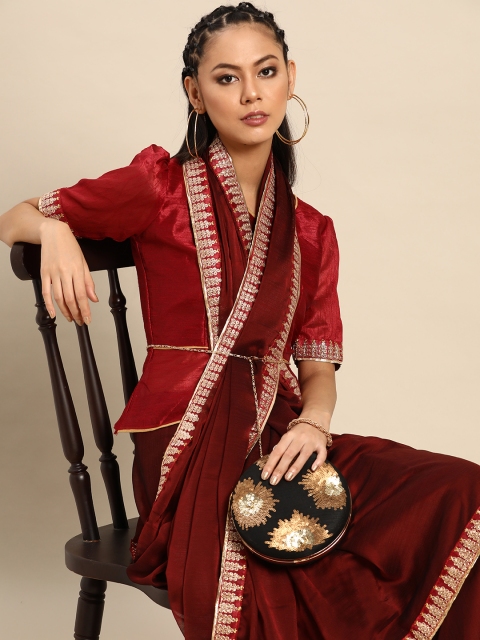 SHAVYA Maroon & Golden Solid Pure Chiffon Saree