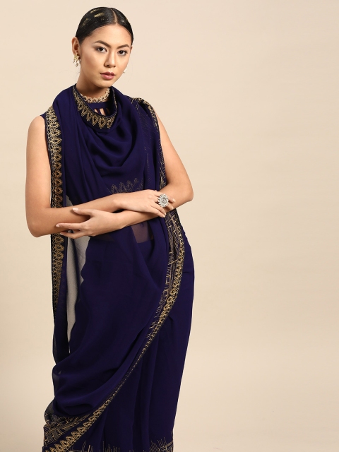 SHAVYA Women Navy Blue & Golden Pure Georgette Solid Saree