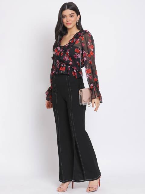 Oxolloxo Black Floral Printed Bell Sleeves Top